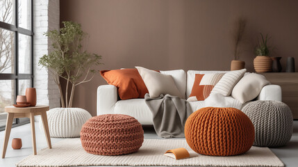 Scandinavian, hygge style home interior design of modern living room, Knitted pouf near white fabric sofa with blanket and terra cotta pillows, Ai generated image - obrazy, fototapety, plakaty
