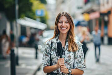 Reporter on a city street during work. Portrait of a smiling woman with a microphone in his hand. AI generative - Powered by Adobe