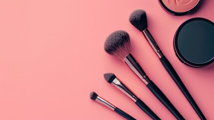 Make up background with decorative cosmetic products. Beauty industry banner with brushes and shadows