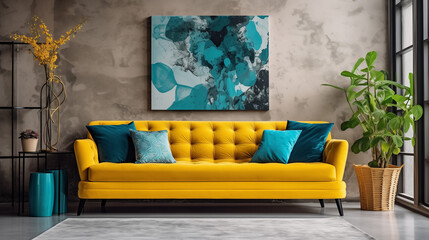 Loft home interior design of modern living room. Dark turquoise tufted sofa with vibrant yellow pillows against beige stucco wall with abstract art poster frame , Ai generated image