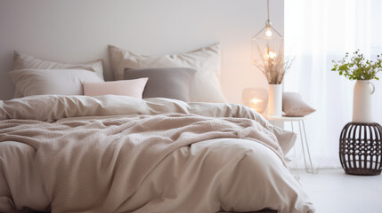 Fototapeta na wymiar tranquility with interior bedroom scene, where a blurred setting meets a cozy style. warm light, Bed, soft blanket, rug, picture frame, Pastel beige and grey bedding on bed, Ai generated image