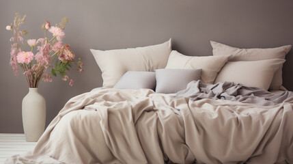 Interior of the minimalist bedroom with a wooden bed and a grey wall, Pastel beige and grey bedding on bed, Ai generated image
