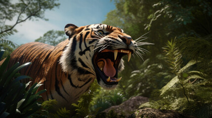 Roaring Tiger in Dense Jungle Setting