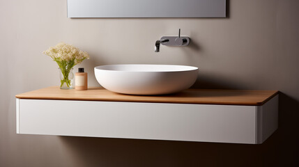 Modern bathroom interior, Sleek Wooden Vanity and Ceramic Sink in Bathroom, Wall-mounted vanity with white ceramic vessel sink, Ai generated image