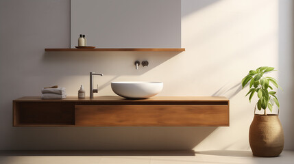 Sleek Wooden Vanity and Ceramic Sink in Bathroom, Wall-mounted vanity with white ceramic vessel sink, Ai generated image
