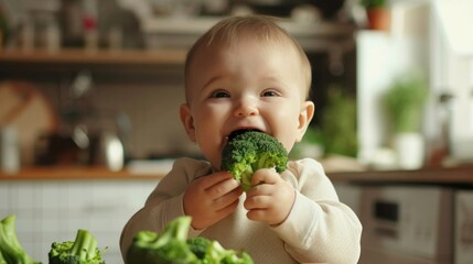 happy child eats broccoli in modern kitchen. portrait. - obrazy, fototapety, plakaty