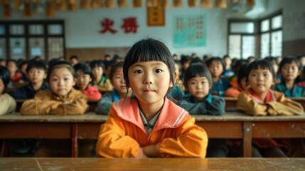 Fototapeta premium children's Chinese faces, brightly colored uniforms, and engaged expressions showcase the joy of learning.