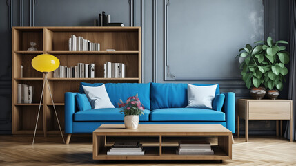 Living room interior with sofa,  Wooden coffee table near blue sofa, book shelf on the wall , Ai generated image