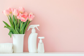 one white shelf with cleaning products, next to it there are tulips in a vase. The mood of freshness and purity, peach spring shades