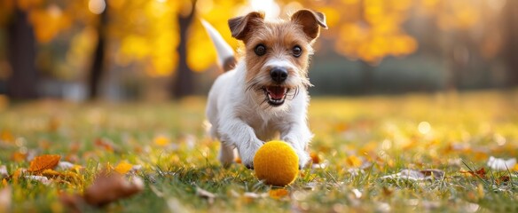 Jack Russell Terrier dog playing with a ball in the autumn park