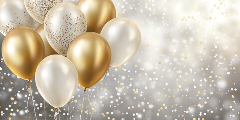 gold and white balloons against silver background.