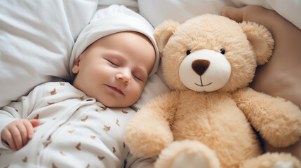 Newborn Caucasian baby boy sleeping with a teddy bear. Generative AI.