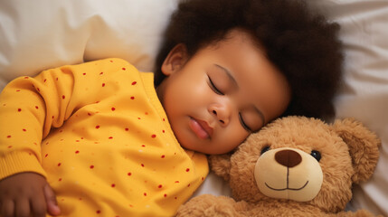 Obraz na płótnie Canvas Newborn African baby boy sleeping with a teddy bear. Generative AI.