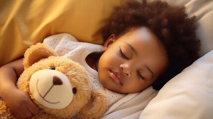 Obraz na płótnie Canvas Newborn African baby girl sleeping with a teddy bear. Generative AI.