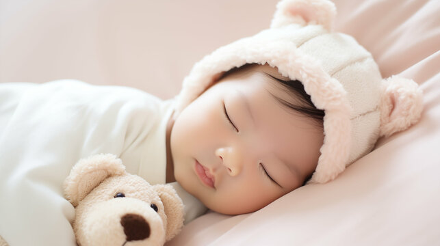 Newborn Asian baby girl sleeping with a teddy bear. Generative AI.