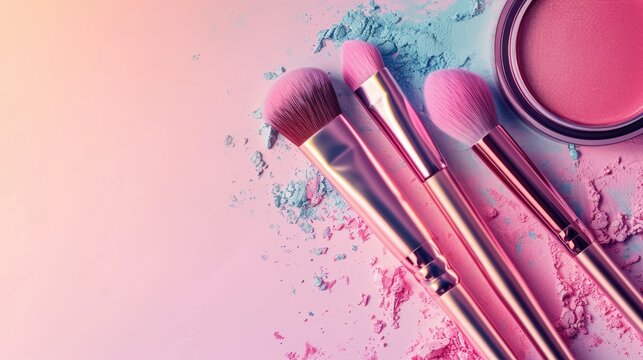 Make up background with decorative cosmetic products. Beauty industry banner with brushes and shadows