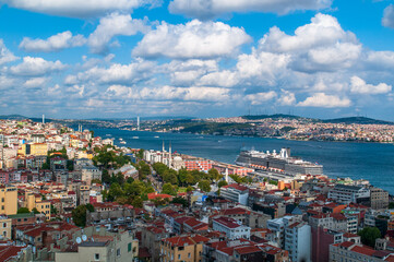 Fototapeta na wymiar A clear blue cloudy sky and a view of the Bosphorus.