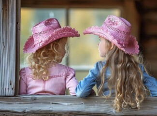 Two little girls in pink hats looking out the window of a country house - Powered by Adobe