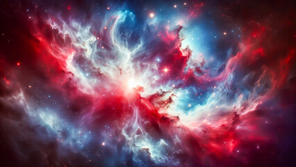 A stunning outer space nebula wallpaper featuring a vibrant blend of red, white, and blue colors