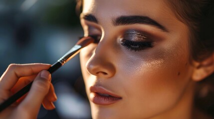 Close up of a makeup artist applying makeup with a brush to a model. Beauty industry