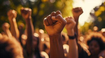 Multi-Ethnic People Raise Fists in a Powerful Display of Solidarity - Social Justice, Activism, and Unity in Protest  - obrazy, fototapety, plakaty
