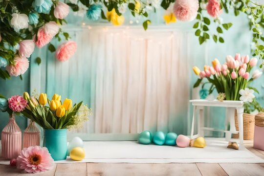 Backdrop for photo studio with spring decor for kids and family photo sessions.Selective focus--