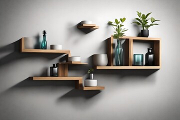 Wooden Wall shelves set with small vases-