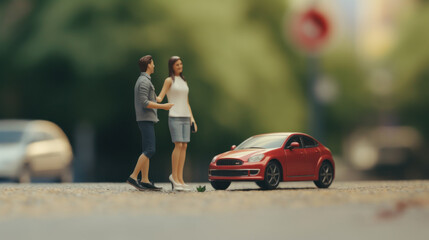 Miniature Figures with Red Car on Model City Street