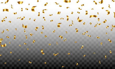 Falling vector confetti on a transparent background. glittering, realistic confetti, illustration, gold, vector
