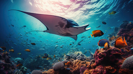 Fototapeta na wymiar Manta Ray Gliding Over Coral Reef with Tropical Fish