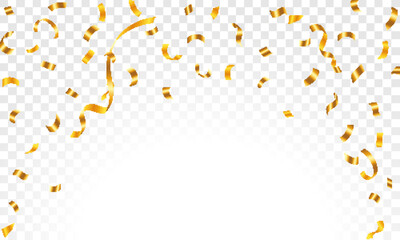 Luxury confetti flying for celebration party banner. Falling shiny golden confetti isolated on transparent background. vector illustration. - obrazy, fototapety, plakaty