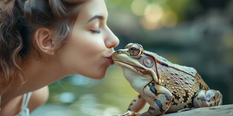 Gordijnen Frau küsst Frosch auf der Suche nach dem richtigen Partner fürs Leben © stockmotion