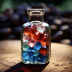 Fotografia con detalle de botella de cristal con gemas de colores en su interior