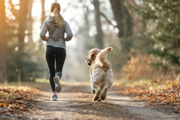 Rolgordijnen Young woman jogging with her golden retriever dog in autumn forest © lublubachka