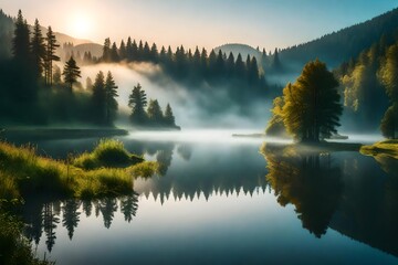 Misty morning scene of Lacu Rosu lake. Foggy summer sunrise in Harghita County, Romania, Europe. Beauty of nature concept background. 3d render -