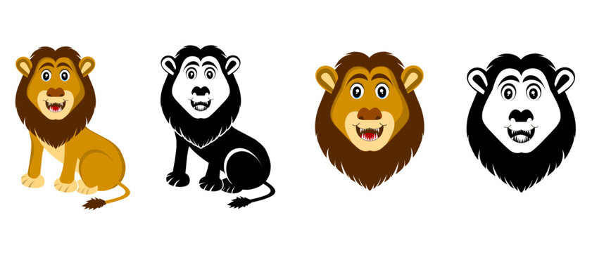 Lion wild african animal isolated set. Proud powerful leo king, mammal, wild jungle cat in various poses standing,  zoo park predator, Vector illustration