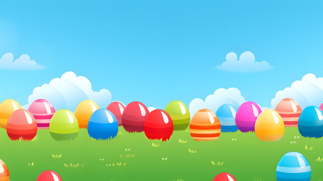 a field with colorfully painted eggs in the grass