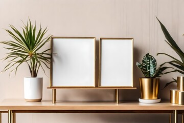 The room interior with mock up photo frame on the retro wooden shelf. Hanging plant in design pot, tropical plant, gold pyramid, design coffe table with books. Concept of minimalistic retro shelf.-