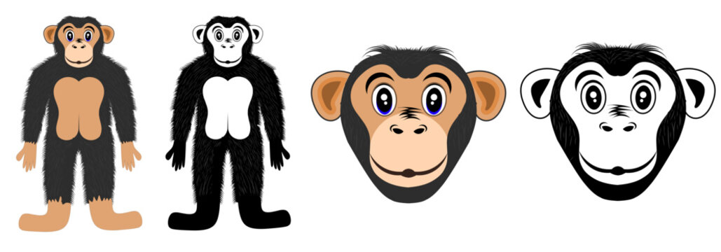 Set of Cute cartoon chimpanzee character. icon of friendly monkey. Vector illustration isolated on white background