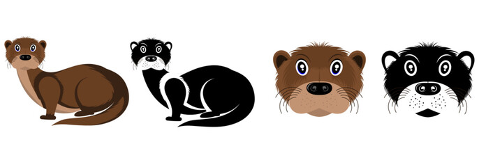 Otter, Sea Otter as Marine Mammal and Aquatic Creature with Brown Coat and Long Tail Vector Set
