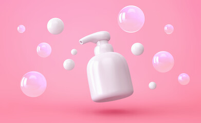 White bottle of shampoo or soap with bubbles on pink background