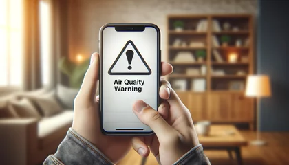 Fotobehang A person checking air quality in her home using using a smartphone, Concept poor indoor air quality © Focused Adventures