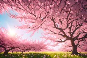 Spring border or background art with pink blossom. Beautiful nature scene with blooming tree and sun flare 3d render