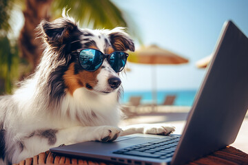 Generative AI technology picture of chilling nomad person sitting near seaside beach pool cafeteria working remotely with laptop