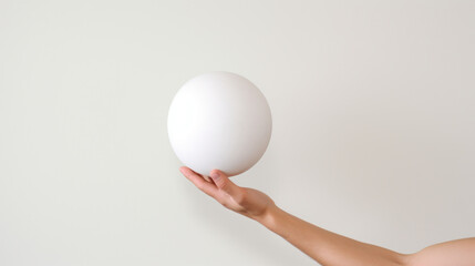 Fototapeta na wymiar Hand Holding a Perfect White Sphere Against Plain Background