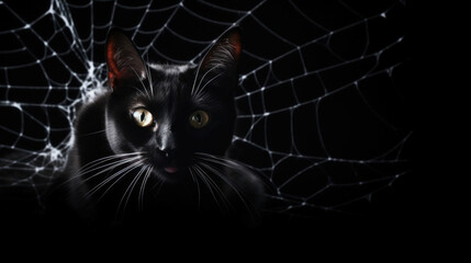 Grey Cat with Striking Orange Eyes and Spiderweb - obrazy, fototapety, plakaty