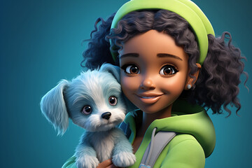 3D art illustration of african american cute little girl hugging her dog toy or pet, in pastel colors, blue background. Animation cartoon charecter. 