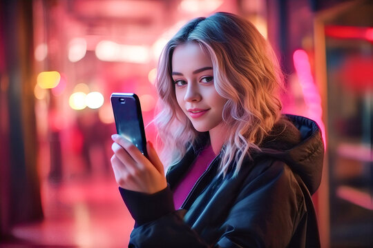 Cheerful beautiful young blonde woman with  smartphone at night time with blurred lights in the background.