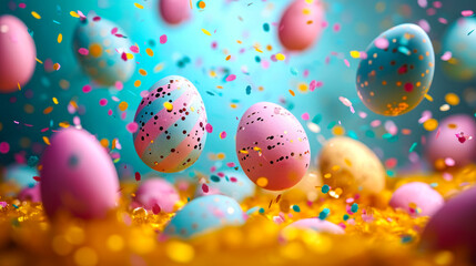 Fototapeta na wymiar Colorful Easter eggs in motion, suspended in a festive atmosphere with confetti, symbolizing spring celebration, joyful traditions, and holiday fun