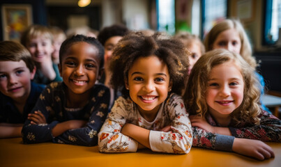 Diverse group of smiling children sitting at desk in classroom, reflecting inclusion and joy in a multicultural educational environment